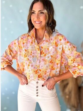 Karlie Floral Button Down Blouse Boho Retro Pastel Cottagecore Spring Top Medium